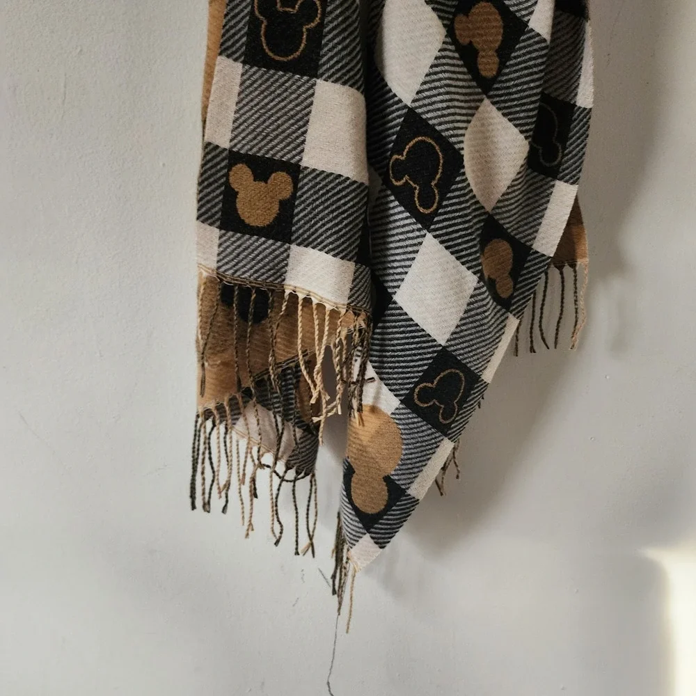 NWOT Mickey Mouse Brown White Black Plaid Scarf Fringe Classic
